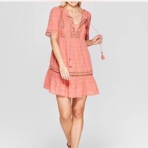 Knox Rose Coral Pink Boho Peasant Dress W/ Lining Size M